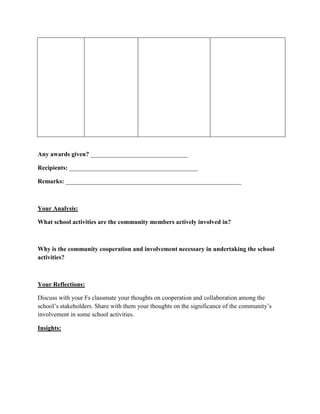 Any awards given? _______________________________
Recipients: _________________________________________
Remarks: ________________________________________________________

Your Analysis:
What school activities are the community members actively involved in?

Why is the community cooperation and involvement necessary in undertaking the school
activities?

Your Reflections:
Discuss with your Fs classmate your thoughts on cooperation and collaboration among the
school’s stakeholders. Share with them your thoughts on the significance of the community’s
involvement in some school activities.
Insights:

 