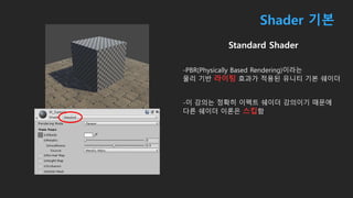 Shader 기본
Standard Shader
-PBR(Physically Based Rendering)이라는
물리 기반 라이팅 효과가 적용된 유니티 기본 쉐이더
-이 강의는 정확히 이펙트 쉐이더 강의이기 때문에
다른 쉐이더 이론은 스킵함
 