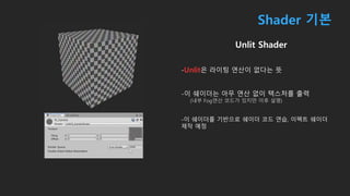 Shader 기본
Unlit Shader
-Unlit은 라이팅 연산이 없다는 뜻
-이 쉐이더는 아무 연산 없이 텍스처를 출력
(내부 Fog연산 코드가 있지만 이후 설명)
-이 쉐이더를 기반으로 쉐이더 코드 연습, 이펙트 쉐이더
제작 예정
 