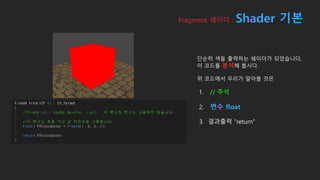 Fragment 쉐이더 : Shader 기본
단순히 색을 출력하는 쉐이더가 되었습니다,
이 코드를 분석해 봅시다.
위 코드에서 우리가 알아볼 것은
1. // 주석
2. 변수 float
3. 결과출력 “return”
 