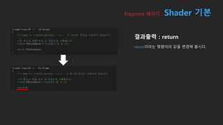 Fragment 쉐이더 : Shader 기본
결과출력 : return
return이라는 명령어의 값을 변경해 봅시다.
 