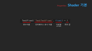 Properties : Shader 기본
변수이름 인터페이스 표시 이름 자료형
(변수형태)
최초 값
 