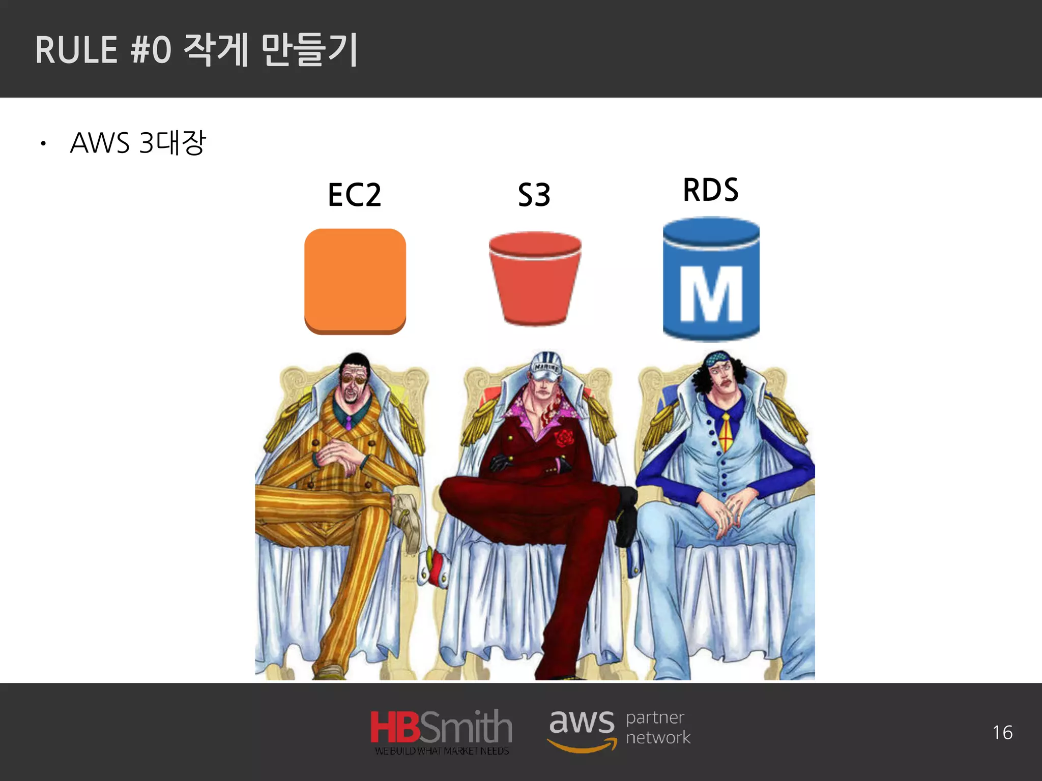 RULE #0 작게 만들기
• AWS 3대장
16
EC2 RDSS3
 