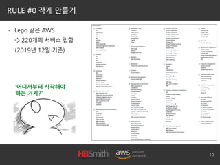 RULE #0 작게 만들기
• Lego 같은 AWS
-> 220개의 서비스 집합
(2019년 12월 기준)
10
‘어디서부터 시작해야
하는 거지?'
 
