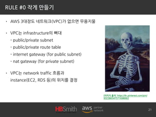 RULE #0 작게 만들기
• AWS 3대장도 네트워크(VPC)가 없으면 무용지물
• VPC는 infrastructure의 뼈대
- public/private subnet
- public/private route table
- internet gateway (for public subnet)
- nat gateway (for private subnet)
• VPC는 network traffic 흐름과
instance(EC2, RDS 등)의 위치를 결정
21
(이미지 출처: https://kr.pinterest.com/pin/
93238654757169806/)
 