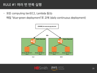 RULE #1 여러 번 반복 실행
• 모든 computing tier(EC2, Lambda 등)는
매일 “blue-green deployment”로 교체 (daily continuous deployment)
26
 
