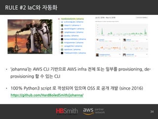 RULE #2 IaC와 자동화
• ‘johanna’는 AWS CLI 기반으로 AWS infra 전체 또는 일부를 provisioning, de-
provisioning 할 수 있는 CLI
• 100% Python3 script 로 작성되어 있으며 OSS 로 공개 개발 (since 2016)
34
https://github.com/HardBoiledSmith/johanna/
 