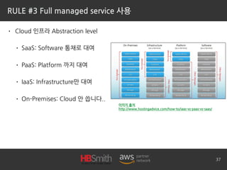 RULE #3 Full managed service 사용
• Cloud 인프라 Abstraction level
• SaaS: Software 통채로 대여
• PaaS: Platform 까지 대여
• IaaS: Infrastructure만 대여
• On-Premises: Cloud 안 씁니다..
37
이미지 출처
http://www.hostingadvice.com/how-to/iaas-vs-paas-vs-saas/
 
