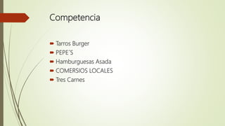 Competencia
 Tarros Burger
 PEPE´S
 Hamburguesas Asada
 COMERSIOS LOCALES
 Tres Carnes
 