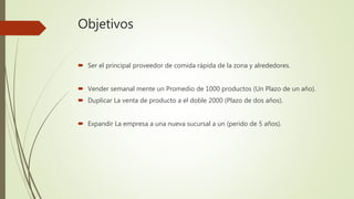 Objetivos
 Ser el principal proveedor de comida rápida de la zona y alrededores.
 Vender semanal mente un Promedio de 1000 productos (Un Plazo de un año).
 Duplicar La venta de producto a el doble 2000 (Plazo de dos años).
 Expandir La empresa a una nueva sucursal a un (perido de 5 años).
 