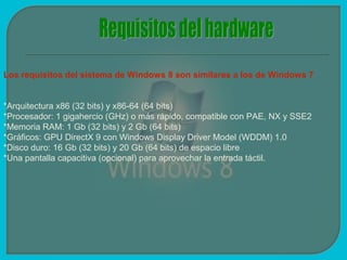 Los requisitos del sistema de Windows 8 son similares a los de Windows 7


*Arquitectura x86 (32 bits) y x86-64 (64 bits)
*Procesador: 1 gigahercio (GHz) o más rápido, compatible con PAE, NX y SSE2
*Memoria RAM: 1 Gb (32 bits) y 2 Gb (64 bits)
*Gráficos: GPU DirectX 9 con Windows Display Driver Model (WDDM) 1.0
*Disco duro: 16 Gb (32 bits) y 20 Gb (64 bits) de espacio libre
*Una pantalla capacitiva (opcional) para aprovechar la entrada táctil.
 