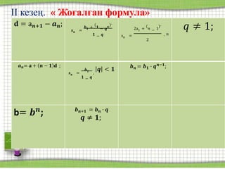 II кезең. « Жоғалған формула»
d = а 𝑛+1 − an;
𝐝 = а 𝒏+𝟏 − 𝒂 𝒏;
𝒔 𝐧 =
𝒃 𝟏 + 𝟏 − 𝒒
𝒏 `
𝟏 − 𝒒 sn =
2a1 + 𝑛 − 1 `
2
∙ 𝑛
𝑞 ≠ 1;
𝒂 𝒏= 𝐚 + 𝒏 − 𝟏 𝐝 ;
𝒔 𝐧 =
𝒃 𝟏
𝟏 − 𝒒
,
𝒒 < 𝟏 𝒃 𝒏 = 𝒃 𝟏 ∙ 𝒒 𝒏−𝟏
;
b= 𝒃 𝒏
; 𝒃 𝒏+𝟏 = 𝒃 𝒏 ∙ 𝒒
𝒒 ≠ 𝟏;
 