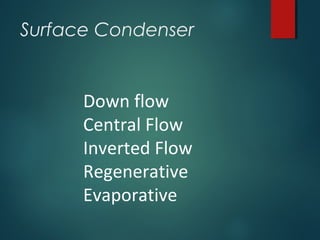 Surface Condenser
Down flow
Central Flow
Inverted Flow
Regenerative
Evaporative
 
