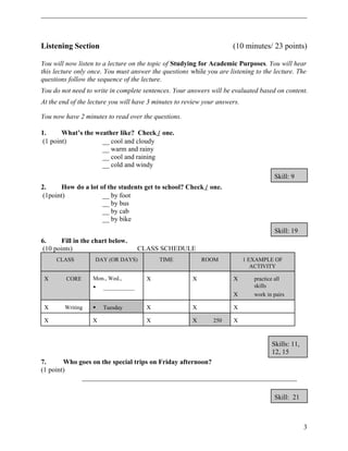 Listening Section (10 minutes/ 23 points) 
You will now listen to a lecture on the topic of Studying for Academic Purposes. You will hear 
this lecture only once. You must answer the questions while you are listening to the lecture. The 
questions follow the sequence of the lecture. 
You do not need to write in complete sentences. Your answers will be evaluated based on content. 
At the end of the lecture you will have 3 minutes to review your answers. 
You now have 2 minutes to read over the questions. 
1. What’s the weather like? Check / one. 
(1 point) __ cool and cloudy 
__ warm and rainy 
__ cool and raining 
__ cold and windy 
Skill: 9 
2. How do a lot of the students get to school? Check / one. 
(1point) __ by foot 
__ by bus 
__ by cab 
__ by bike 
Skill: 19 
6. Fill in the chart below. 
(10 points) CLASS SCHEDULE 
CLASS DAY (OR DAYS) TIME ROOM 1 EXAMPLE OF 
ACTIVITY 
C CORE Mon., Wed., 
 ___________ 
C C C practice all 
skills 
C work in pairs 
C Writing  Tuesday C C C 
C C C C 250 C 
Skills: 11, 
12, 15 
7. Who goes on the special trips on Friday afternoon? 
(1 point) 
_______________________________________________________________ 
Skill: 21 
3 
 