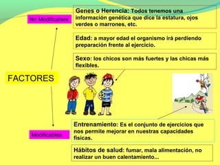 Genes o Herencia: Todos tenemos una
   No Modificables   información genética que dice la estatura, ojos
                     verdes o marrones, etc.

                     Edad: a mayor edad el organismo irá perdiendo
                     preparación frente al ejercicio.

                     Sexo: los chicos son más fuertes y las chicas más
                     flexibles.

FACTORES




                     Entrenamiento: Es el conjunto de ejercicios que
                     nos permite mejorar en nuestras capacidades
    Modificables
                     físicas.

                     Hábitos de salud: fumar, mala alimentación, no
                     realizar un buen calentamiento...
 