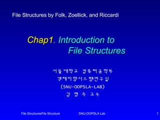 File StructuresFile Structure SNU-OOPSLA Lab 1
Chap1Chap1.. Introduction toIntroduction to
File StructuresFile Structures
서울대학교 컴퓨터공학부
객체지향시스템연구실
(SNU-OOPSLA-LAB)
김 형 주 교수
File Structures by Folk, Zoellick, and Riccardi
 