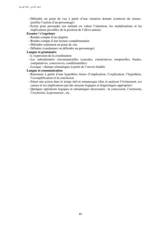 :




 - Défendre un point de vue à partir d’une situation donnée (contexte du roman :
   justifier l’action d’un personnage)
 - Ecrire pour persuader (en mettant en valeur l’intention, les modalisations et les
   implications possibles de la position de l’élève-auteur)
Ecouter / s’exprimer
 - Rendre compte d’un chapitre
 - Rendre compte d’une lecture complémentaire
 - Défendre oralement un point de vue.
 - Débattre (condamner ou défendre un personnage)
Langue et grammaire
 - L’expression de la coordination
 - Les subordonnées circonstancielles (causales, consécutives, temporelles, finales,
   comparatives, concessives, conditionnelles)
 - Lexique : champs sémantiques à partir de l’œuvre étudiée
Langue et communication
 - Raisonner à partir d’une hypothèse émise (l’implication, l’explication, l’hypothèse,
   l’exemplification et la conclusion
 - Situer une action dans le temps réel et romanesque (dire et analyser l’événement, ses
   causes et ses implications par des moyens logiques et linguistiques appropriés)
 - Quelques opérations logiques et sémantiques nécessaires : la concession, l’inclusion,
   l’exclusion, la persuasion , etc.




                                        57
 