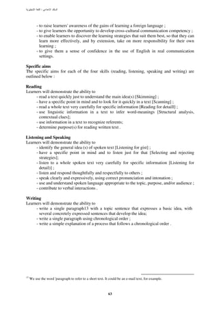 :




         - to raise learners' awareness of the gains of learning a foreign language ;
         - to give learners the opportunity to develop cross-cultural communication competency ;
         - to enable learners to discover the learning strategies that suit them best, so that they can
           learn more effectively, and by extension, take on more responsibility for their own
           learning ;
         - to give them a sense of confidence in the use of English in real communication
           settings.

Specific aims
The specific aims for each of the four skills (reading, listening, speaking and writing) are
outlined below :

Reading
Learners will demonstrate the ability to
     - read a text quickly just to understand the main idea(s) [Skimming] ;
     - have a specific point in mind and to look for it quickly in a text [Scanning] ;
     - read a whole text very carefully for specific information [Reading for detaill] ;
     - use linguistic information in a text to infer word-meanings [Structural analysis,
       contextual clues];
     - use information in a text to recognize referents;
     - determine purpose(s) for reading written text .

Listening and Speaking
Learners will demonstrate the ability to
      - identify the general idea (s) of spoken text [Listening for gist] ;
      - have a specifie point in mind and to listen just for that [Selecting and rejecting
        strategies];
      - listen to a whole spoken text very carefully for specific information [Listening for
        detail)] ;
      - listen and respond thoughtfully and respectfully to others ;
      - speak clearly and expressively, using correct pronunciation and intonation ;
      - use and understand spoken language appropriate to the topic, purpose, and/or audience ;
      - contribute to verbal interactions .

Writing
Learners will demonstrate the ability to
     - write a single paragraph13 with a topic sentence that expresses a basic idea, with
       several concretely expressed sentences that develop the idea;
     - write a single paragraph using chronological order ;
     - write a simple explanation of a process that follows a chronological order .




13
     We use the word 'paragraph to refer to a short text. It could be an e-mail text, for example.



                                                            63
 