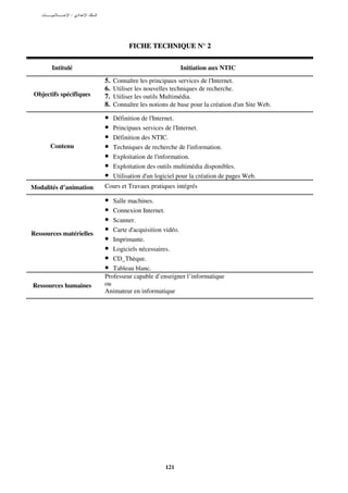 :




                                    FICHE TECHNIQUE N° 2


       Intitulé                                         Initiation aux NTIC
                         5.   Connaître les principaux services de l'Internet.
                         6.   Utiliser les nouvelles techniques de recherche.
Objectifs spécifiques    7.   Utiliser les outils Multimédia.
                         8.   Connaître les notions de base pour la création d'un Site Web.

                         •    Définition de l'Internet.
                         •    Principaux services de l'Internet.
                         •    Définition des NTIC.
      Contenu            •    Techniques de recherche de l'information.
                         •    Exploitation de l'information.
                         •    Exploitation des outils multimédia disponibles.
                         •    Utilisation d'un logiciel pour la création de pages Web.
Modalités d’animation    Cours et Travaux pratiques intégrés

                         •  Salle machines.
                         •  Connexion Internet.
                         •  Scanner.

Ressources matérielles
                         •  Carte d'acquisition vidéo.
                         •  Imprimante.
                         •  Logiciels nécessaires.
                         •  CD_Thèque.
                         •  Tableau blanc.
                         Professeur capable d’enseigner l’informatique
Ressources humaines      ou
                         Animateur en informatique




                                                  121
 