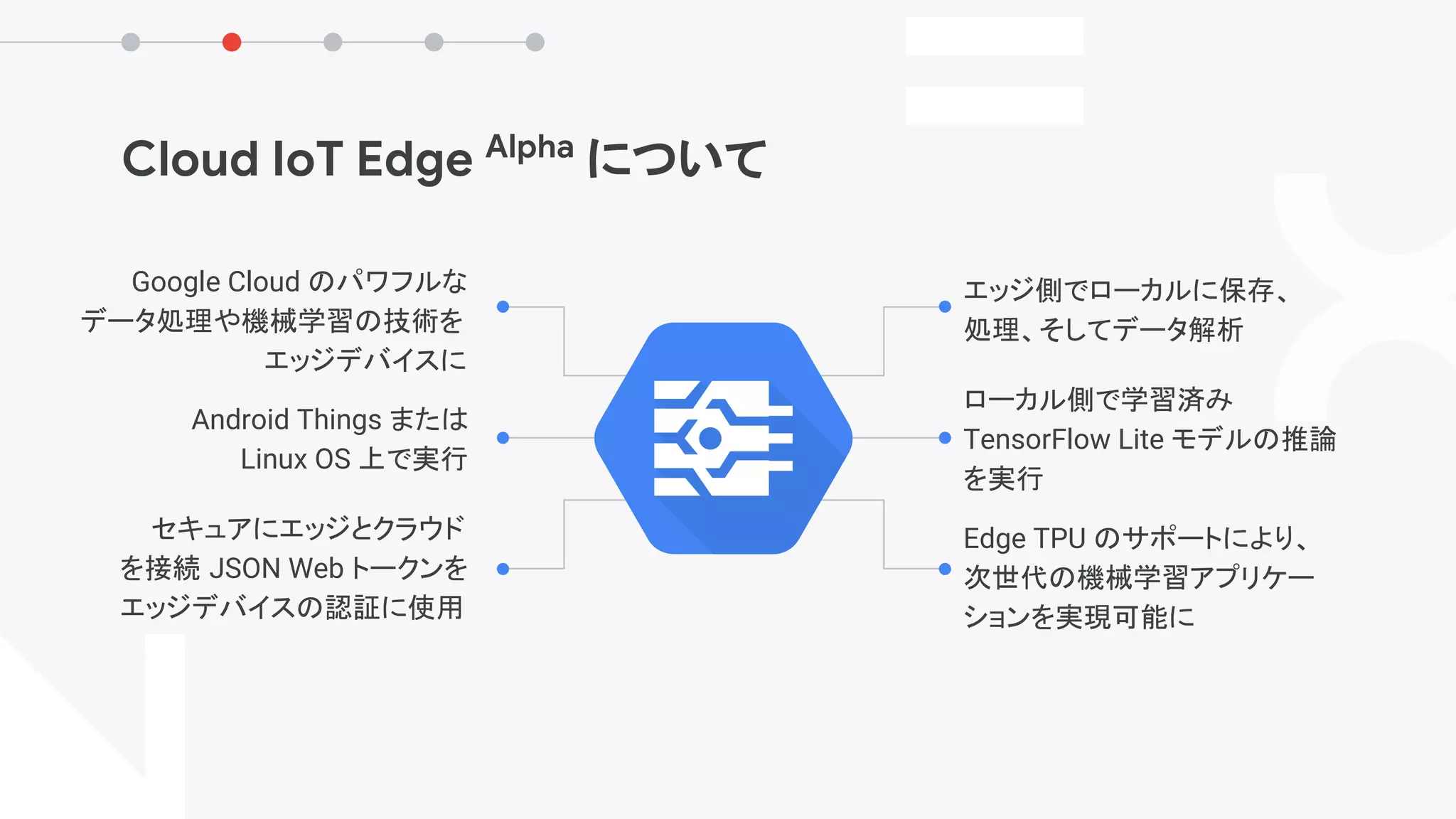 Cloud IoT Edge Alpha
について
Google Cloud のパワフルな
データ処理や機械学習の技術を
エッジデバイスに
Android Things または
Linux OS 上で実行
セキュアにエッジとクラウド
を接続 JSON Web トークンを
エッジデバイスの認証に使用
エッジ側でローカルに保存、
処理、そしてデータ解析
ローカル側で学習済み
TensorFlow Lite モデルの推論
を実行
Edge TPU のサポートにより、
次世代の機械学習アプリケー
ションを実現可能に
 