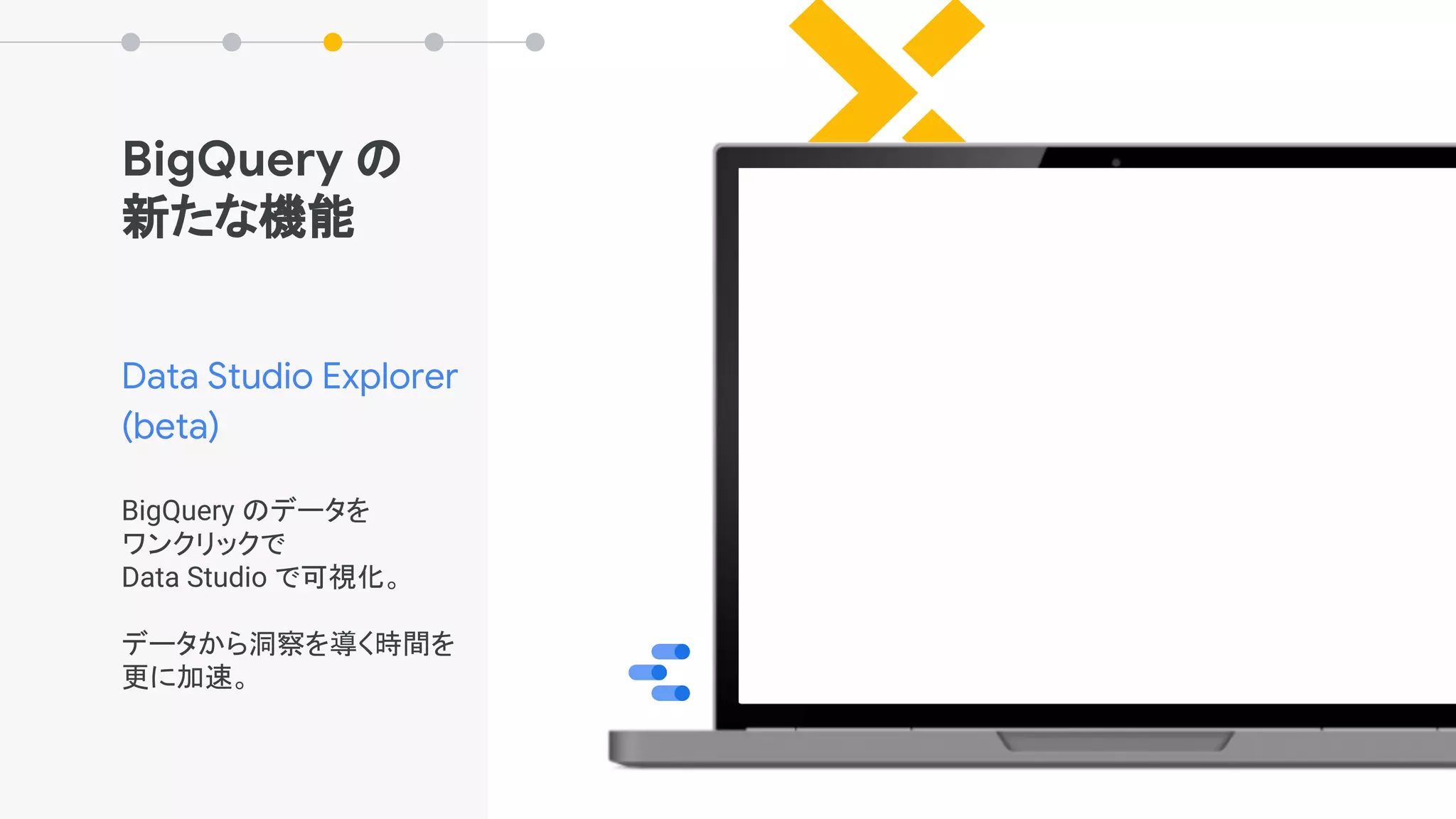 Data Studio Explorer
(beta)
BigQuery のデータを
ワンクリックで
Data Studio で可視化。
データから洞察を導く時間を
更に加速。
BigQuery の
新たな機能
 