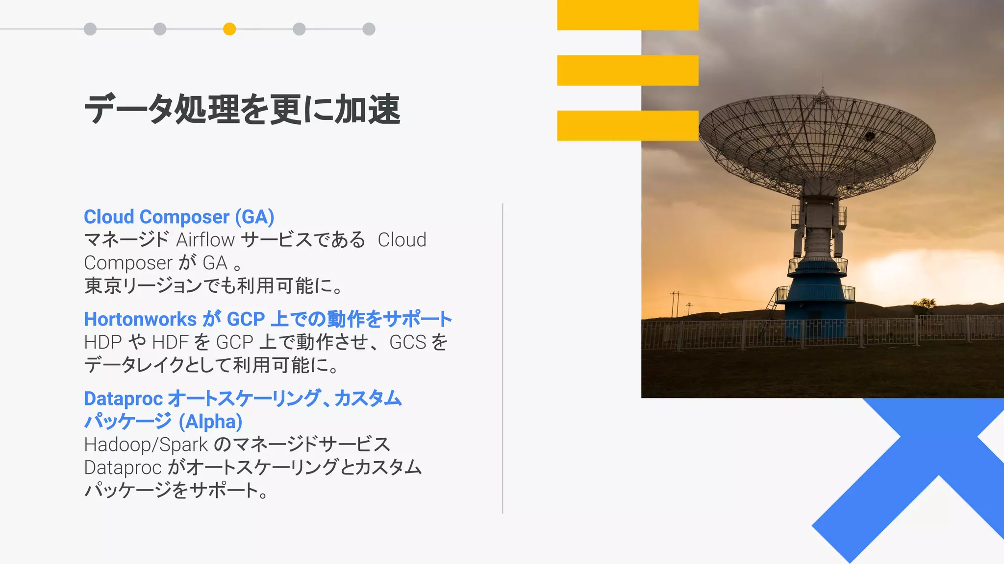 データ処理を更に加速
Cloud Composer (GA)
マネージド Airflow サービスである Cloud
Composer が GA 。
東京リージョンでも利用可能に。
Hortonworks が GCP 上での動作をサポート
HDP や HDF を GCP 上で動作させ、 GCS を
データレイクとして利用可能に。
Dataproc オートスケーリング、カスタム
パッケージ (Alpha)
Hadoop/Spark のマネージドサービス
Dataproc がオートスケーリングとカスタム
パッケージをサポート。
 