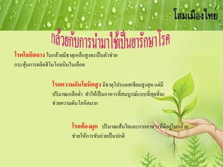 โรคโลหิตจาง ในกล้วยมีธาตุเหล็กสูงจะเป็นตัวช่วย
กระตุ้นการผลิตฮีโมโกลบินในเลือด
โรคความดันโลหิตสูง มีธาตุโปรแตสเซียมสูงสุด แต่มี
ปริมาณเกลือต่า ทาให้เป็นอาหารที่สมบูรณ์แบบที่สุดที่จะ
ช่วยความดันโลหิตมาก
โรคท้องผูก ปริมาณเส้นใยและกากอาหารที่มีอยู่ในกล้วย
ช่วยให้การขับถ่ายเป็นปกติ
 