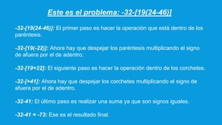 Este es el problema: -32-[19(24-46)]
-32-[19(24-46)]: El primer paso es hacer la operación que está dentro de los
paréntesis.
-32-[19(-22)]: Ahora hay que despejar los paréntesis multiplicando el signo
de afuera por el de adentro.
-32-[19+22]: El siguiente paso es hacer la operación dentro de los corchetes.
-32-[+41]: Ahora hay que despejar los corchetes multiplicando el signo de
afuera por el de adentro.
-32-41: El último paso es realizar una suma ya que son signos iguales.
-32-41 = -73: Ese es el resultado final.
 