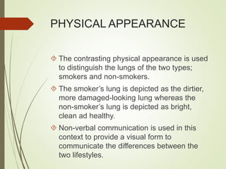 PHYSICAL APPEARANCE 
 The contrasting physical appearance is used 
to distinguish the lungs of the two types; 
smokers and non-smokers. 
 The smoker’s lung is depicted as the dirtier, 
more damaged-looking lung whereas the 
non-smoker’s lung is depicted as bright, 
clean ad healthy. 
 Non-verbal communication is used in this 
context to provide a visual form to 
communicate the differences between the 
two lifestyles. 
 