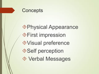 Concepts 
Physical Appearance 
First impression 
Visual preference 
Self perception 
 Verbal Messages 
 