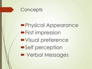 Concepts 
Physical Appearance 
First impression 
Visual preference 
Self perception 
 Verbal Messages 
 