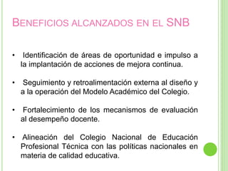 BENEFICIOS ALCANZADOS EN EL SNB
• Identificación de áreas de oportunidad e impulso a
la implantación de acciones de mejora continua.
• Seguimiento y retroalimentación externa al diseño y
a la operación del Modelo Académico del Colegio.
• Fortalecimiento de los mecanismos de evaluación
al desempeño docente.
• Alineación del Colegio Nacional de Educación
Profesional Técnica con las políticas nacionales en
materia de calidad educativa.
 