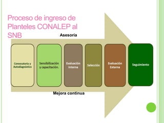Asesoría
Mejora continua
Proceso de ingreso de
Planteles CONALEP al
SNB
 