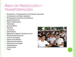 ÁREA DE PRODUCCIÓN Y
TRANSFORMACIÓN.
 Producción y Transformación de Productos Acuícolas
 Conservación del Medio Ambiente
 Procesamiento Industrial de Alimentos
 Química Industrial
 Minero Metalurgista
 Metalurgia
 Artes Gráficas
 Plásticos
 Curtiduría
 Escenotecnia
 Seguridad e Higiene y Protección Civil
 Productividad Industrial
 Control de Calidad
 Industria del Vestido
 Máquinas Herramienta
 Producción de Calzado
 Metalmecánica
 Construcción
 Textil
 