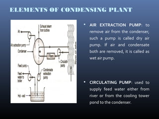 ELEMENTS OF CONDENSING PLANT
 AIR EXTRACTION PUMP: to
remove air from the condenser,
such a pump is called dry air
pump. If air and condensate
both are removed, it is called as
wet air pump.
 CIRCULATING PUMP: used to
supply feed water either from
river or from the cooling tower
pond to the condenser.
 