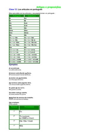Artigos e preposições
Clase 12: Los artículos en portugués
Mire esta tabla con los artículos y las preposiciones en portugués .
Português Castellano
A La
O El
As Las
Os Los
Um Un
Uma Una
Uns Unos
De De
De + o =Do De + el = Del
De + a =Da De + la = De la
De + os =Dos De + los =De los
De + as =Das De + las =De las
Em En
Em + a = na En + la = en la
Em + o = no En + el = en el
Em + as = nas En + las = en las
Em + os = nos En + los = en los
Em este = neste En + este = en este
Em esta = nesta En + esta = en esta
Ejemplos:
A rua está suja.
La calle está sucia.
O homem está olhando as flores.
El hombre está mirando las flores.
A menina caiu da bicicleta.
La niña cayo de la bici.
Os meninos estão jogando tênis.
Los chicos están jugando al tenis.
Eu gosto do seu carro.
Me gusta su coche.
Sua bolsa está na cozinha.
Su bolso está en la cocina.
Neste final de semana não trabalho.
Este fin de semana no trabajo.
Uns envelopes.
Unos sobres.
Persona Pronombres
1° Eu
2° Tu (sustituido
por VOCÊ en Brasil)
3° Ele / Ela / Você
1° Nós
 