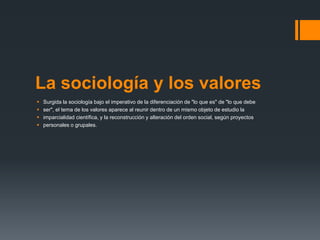 La sociología y los valores





Surgida la sociología bajo el imperativo de la diferenciación de "lo que es" de "lo que debe
ser", el tema de los valores aparece al reunir dentro de un mismo objeto de estudio la
imparcialidad científica, y la reconstrucción y alteración del orden social, según proyectos
personales o grupales.

 