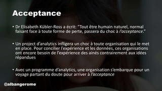 Acceptance
• Dr Elisabeth Kübler-Ross a écrit: “Tout être humain naturel, normal
faisant face à toute forme de perte, passera du choc à l’acceptance.”
• Un project d’analytics infligera un choc à toute organisation qui le met
en place. Pour concilier l’expérience et les données, ces organisations
ont encore besoin de l’expérience des ainés contrairement aux idées
répandues
• Avec un programme d’analytics, une organisation s’embarque pour un
voyage partant du doute pour arriver à l’acceptance
@albangerome
 