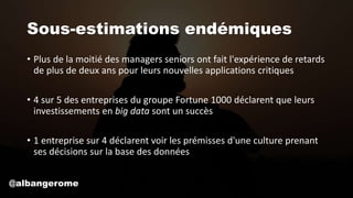 Sous-estimations endémiques
• Plus de la moitié des managers seniors ont fait l'expérience de retards
de plus de deux ans pour leurs nouvelles applications critiques
• 4 sur 5 des entreprises du groupe Fortune 1000 déclarent que leurs
investissements en big data sont un succès
• 1 entreprise sur 4 déclarent voir les prémisses d'une culture prenant
ses décisions sur la base des données
@albangerome
 