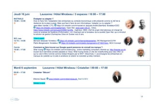 14
Jeudi 16 juin Lausanne / Hôtel Mirabeau / 3 espaces / 10:00 – 17:00
MATINALE S'adapter ou adapter ?
10:00 – 12:00 Avec ...