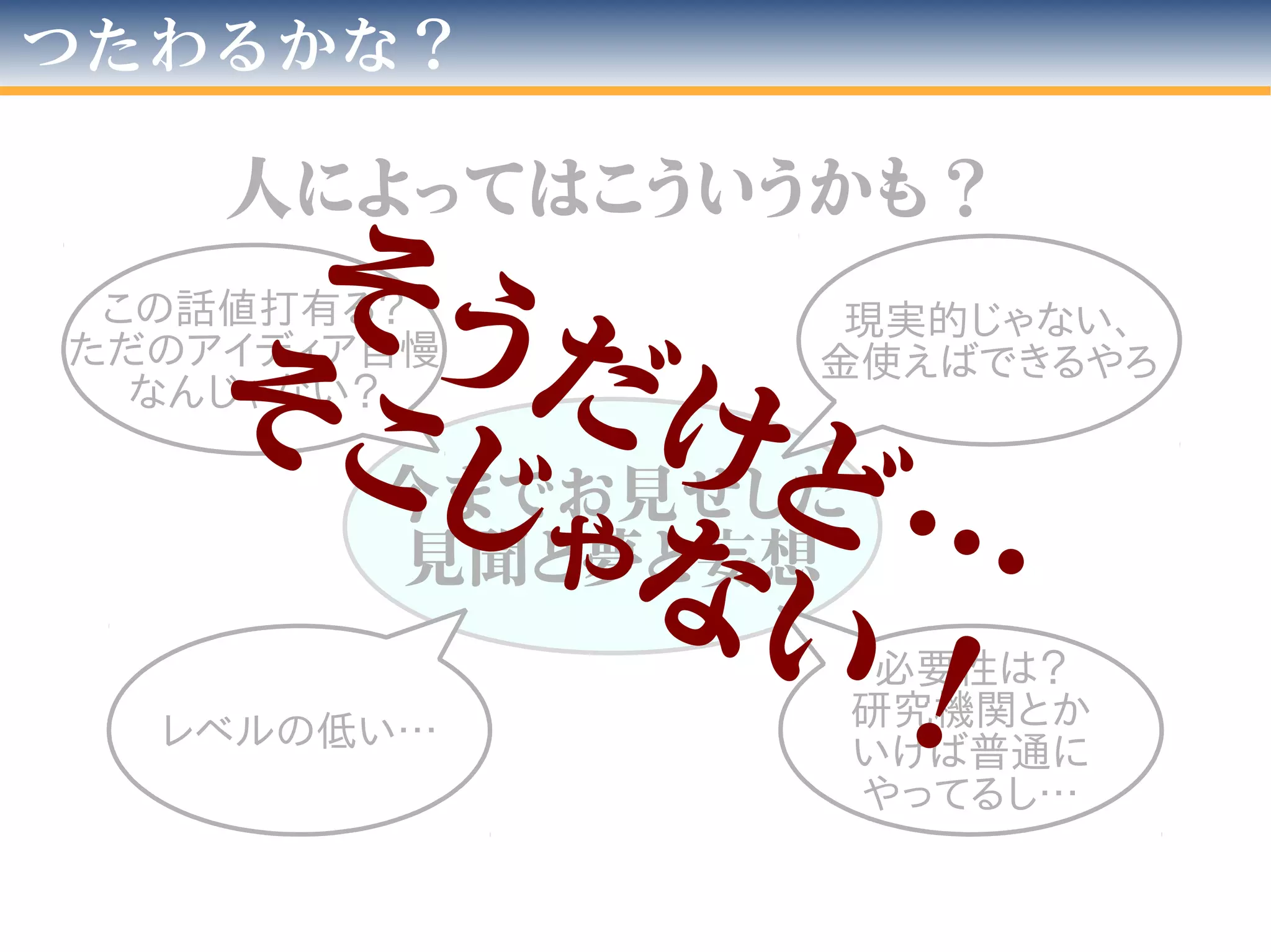 つたわるかな？
今までお見せした
見聞と夢と妄想
人によってはこういうかも？
レベルの低い…
必要性は？
研究機関とか
いけば普通に
やってるし…
現実的じゃない、
金使えばできるやろ
この話値打有る？
ただのアイディア自慢
なんじゃない？
そうだけど…
そこじゃない！
 