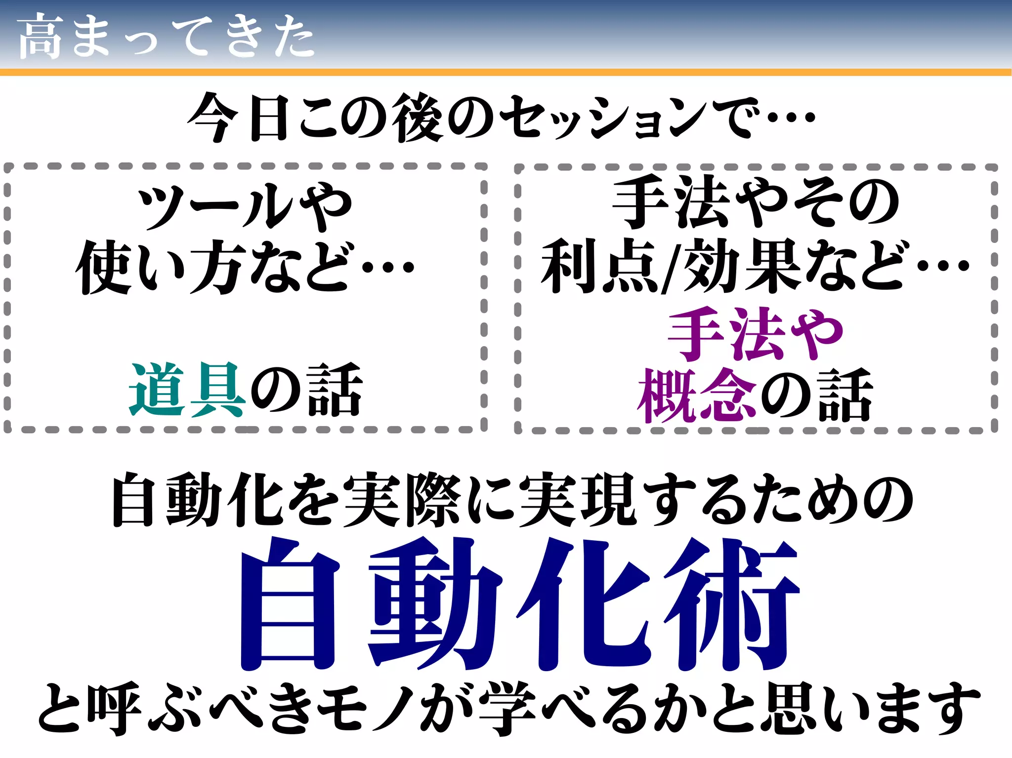 高まってきた
今日この後のセッションで…
ツールや
使い方など…
道具の話
手法やその
利点/効果など…
手法や
概念の話
自動化を実際に実現するための
自動化術と呼ぶべきモノが学べるかと思います
 