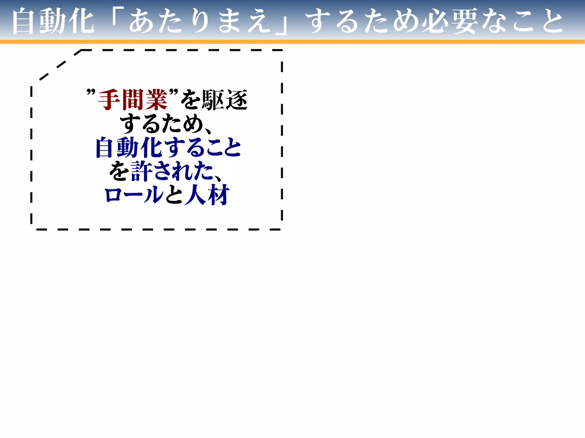 自動化「あたりまえ」するため必要なこと
”手間業”を駆逐
するため、
自動化すること
を許された、
ロールと人材
 