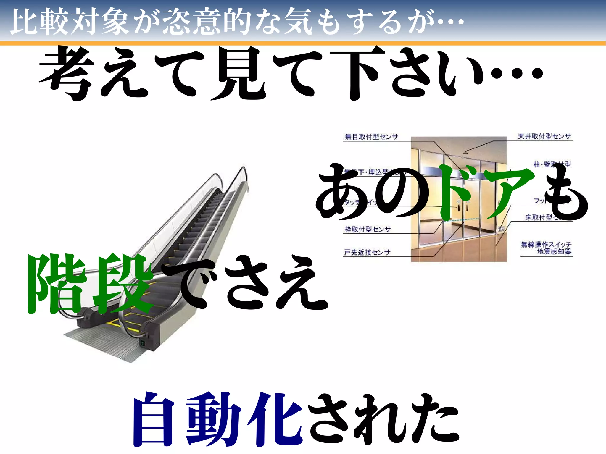 比較対象が恣意的な気もするが…
考えて見て下さい…
自動化された
あのドアも
階段でさえ
 