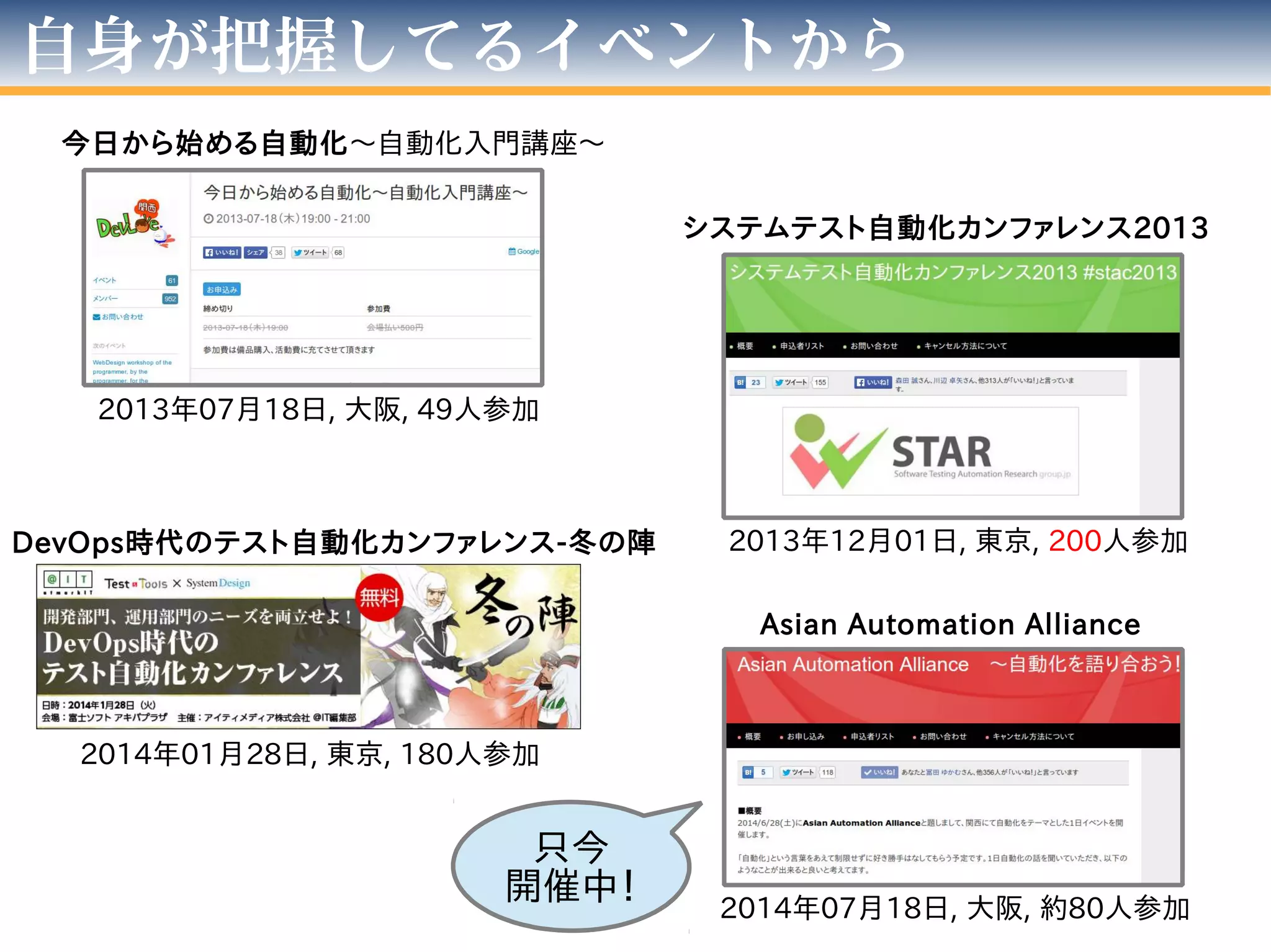 自身が把握してるイベントから
今日から始める自動化〜自動化入門講座〜
2013年07月18日, 大阪, 49人参加
システムテスト自動化カンファレンス2013
2013年12月01日, 東京, 200人参加DevOps時代のテスト自動化カンファレンス-冬の陣
2014年01月28日, 東京, 180人参加
Asian Automation Alliance
2014年07月18日, 大阪, 約80人参加
只今
開催中！
 