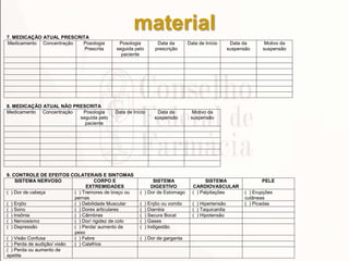 material7. MEDICAÇÃO ATUAL PRESCRITA
Medicamento Concentração Posologia
Prescrita
Posologia
seguida pelo
paciente
Data da
prescrição
Data de Início Data da
suspensão
Motivo da
suspensão
8. MEDICAÇÃO ATUAL NÃO PRESCRITA
Medicamento Concentração Posologia
seguida pelo
paciente
Data de Início Data da
suspensão
Motivo da
suspensão
9. CONTROLE DE EFEITOS COLATERAIS E SINTOMAS
SISTEMA NERVOSO CORPO E
EXTREMIDADES
SISTEMA
DIGESTIVO
SISTEMA
CARDIOVASCULAR
PELE
( ) Dor de cabeça ( ) Tremores de braço ou
pernas
( ) Dor de Estomago ( ) Palpitações ( ) Erupções
cutâneas
( ) Enjôo ( ) Debilidade Muscular ( ) Enjôo ou vomito ( ) Hipertensão ( ) Picadas
( ) Sono ( ) Dores articulares ( ) Diarréia ( ) Taquicardia
( ) Insônia ( ) Câimbras ( ) Secura Bocal ( ) Hipotensão
( ) Nervosismo ( ) Dor/ rigidez de colo ( ) Gases
( ) Depressão ( ) Perda/ aumento de
peso
( ) Indigestão
( ) Visão Confusa ( ) Febre ( ) Dor de garganta
( ) Perda de audição/ visão ( ) Calafrios
( ) Perda ou aumento de
apetite
 
