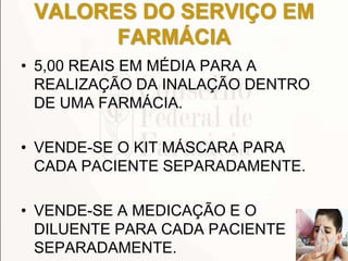 VALORES DO SERVIÇO EM
FARMÁCIA
• 5,00 REAIS EM MÉDIA PARA A
REALIZAÇÃO DA INALAÇÃO DENTRO
DE UMA FARMÁCIA.
• VENDE-SE O KIT MÁSCARA PARA
CADA PACIENTE SEPARADAMENTE.
• VENDE-SE A MEDICAÇÃO E O
DILUENTE PARA CADA PACIENTE
SEPARADAMENTE.
 