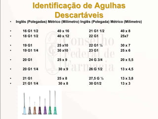 Identificação de Agulhas
Descartáveis
• Inglês (Polegadas) Métrico (Milímetro) Inglês (Polegada) Métrico (Milímetro)
• 16 G1 1/2 40 x 16 21 G1 1/2 40 x 8
• 18 G1 1/2 40 x 12 22 G1 25x7
• 19 G1 25 x10 22 G1 ¼ 30 x 7
• 19 G1 1/4 30 x10 23 G1 25 x 6
• 20 G1 25 x 9 24 G 3/4 20 x 5,5
• 20 G1 1/4 30 x 9 26 G 1/2 13 x 4,5
• 21 G1 25 x 8 27,5 G ½ 13 x 3,8
• 21 G1 1/4 30 x 8 30 G1/2 13 x 3
 
