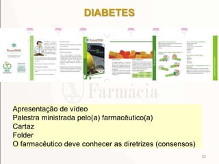 DIABETES
33
Apresentação de vídeo
Palestra ministrada pelo(a) farmacêutico(a)
Cartaz
Folder
O farmacêutico deve conhecer as diretrizes (consensos)
 