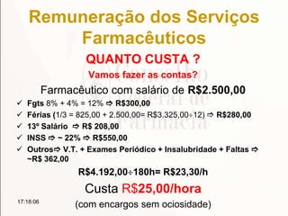 Remuneração dos Serviços
Farmacêuticos
QUANTO CUSTA ?
Vamos fazer as contas?
Farmacêutico com salário de R$2.500,00
 Fgts 8% + 4% = 12%  R$300,00
 Férias (1/3 = 825,00 + 2.500,00= R$3.325,00 12)  R$280,00
 13º Salário  R$ 208,00
 INSS  ~ 22%  R$550,00
 Outros V.T. + Exames Periódico + Insalubridade + Faltas 
~R$ 362,00
R$4.192,00 180h= R$23,30/h
Custa R$25,00/hora
(com encargos sem ociosidade)17:18:06
 